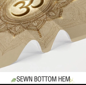 Detail showing sewn bottom hem on a golden mandala Om symbol bathroom shower curtain