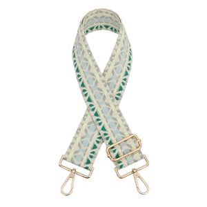 Adjustable woven canvas guitar strap for bags with colorful geometric patterns and gold clips