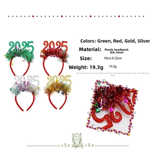 Detail view of 2025 New Year headbands in green, red, gold and silver glitter finishes