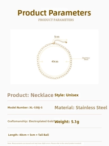 Detailed size specifications for the 40cm stainless steel beaded necklace with extender
