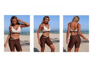 Detailed front, side and back views of coffee brown three-piece bikini set with cream trim
