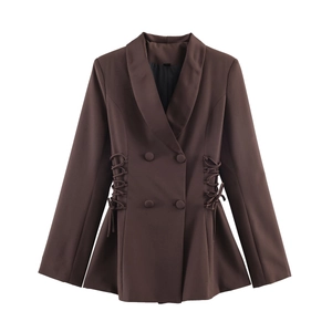 Women's dark brown double-breasted blazer featuring unique waist lace-up detail