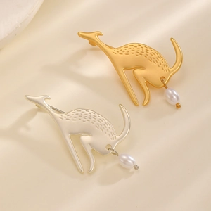 Broche kangourou créative en or et argent avec élégante perle pendante pour femme