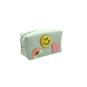 Mint green leather makeup bag with towel embroidered smiley face and rainbow patch
