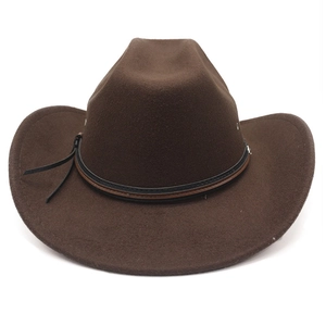 Detail of dark brown wool fedora hat with textured leather band and tassel detail