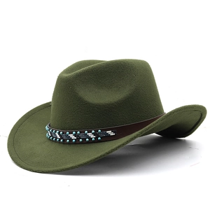 Dark green wool felt western cowboy hat with bohemian ethnic beaded turquoise belt