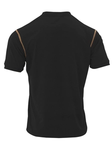 Detail of breathable mesh texture on the back of a black vintage men's polo shirt