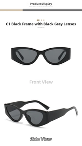 Front and side views of thick retro cat-eye sunglasses with black frames and grey lenses