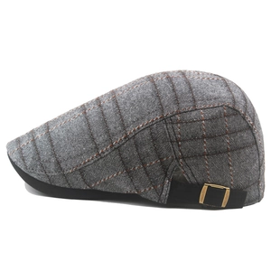 Classic grey plaid cotton flat cap for men and women with adjustable side strap
