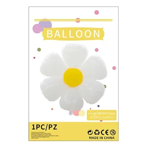 Detail showing a large 111x104cm white daisy foil balloon for party decorations