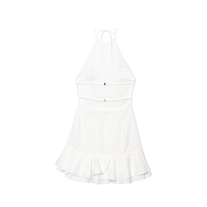 Elegant white halter neck mini dress with backless design and layered ruffled hem details