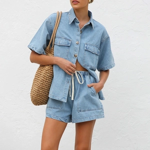 Women's vintage casual denim set with short sleeve shirt and elastic waist shorts