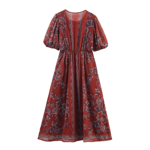 Ethnic floral print maxi dress in red with V-neck, puff sleeves and elastic waist