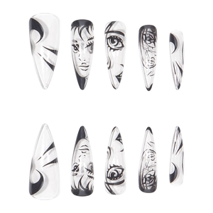 Uñas postizas manga negras en forma de almendra larga, set de 10 piezas graffiti