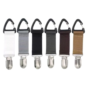 Set of six tactical hat clips for travel in multi-color webbing with durable D-rings