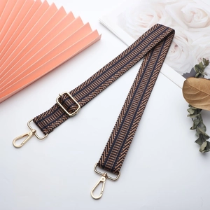 Detail of adjustable polyester wide shoulder strap with brown and blue chevron patterns