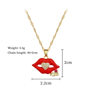 Detailed view of red lip pendant with kiss lettering and necklace size specifications