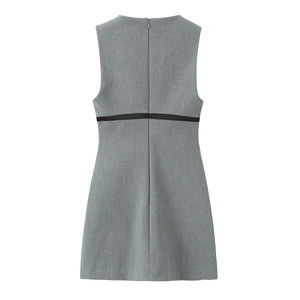 Sleeveless grey satin dress featuring a back invisible zipper and black waist ribbon detail
