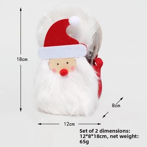 Detail of felt Santa gift bags with dimensions 12x8x18cm and white plush beard