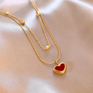 Layered Stainless Steel Necklace Red Enamel Heart Pendant Gold Tone Dainty Elegant Minimalist Women Jewelry