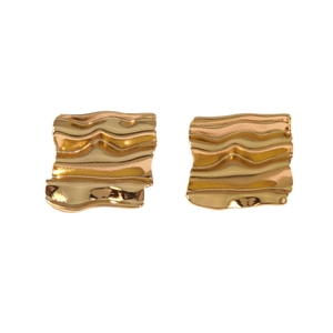 Golden irregular square stud earrings with wavy texture and polished finish for women