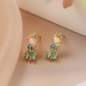 Exquisite 18K gold plated copper stud earrings with opal and zircon fairytale design