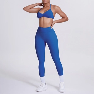 Completo yoga blu reale 2 pezzi con reggiseno sportivo allacciato al collo e leggings a vita alta