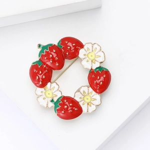 Sweet enamel strawberry and flower wreath brooch in alloy for women clothing