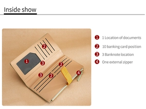 Detailed view of women's long wallet interior with card slots and bill compartments
