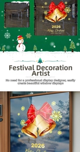 Detail of static Christmas window decals with golden bells, snowflakes and 2026 text