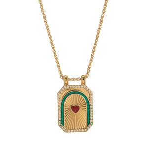 Detail of vintage tarot necklace featuring a green enamel arch and red heart pendant