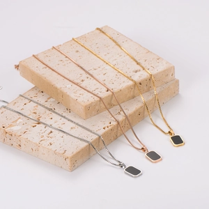 Three-color geometric rectangle pendant necklaces in gold, rose gold, and silver finishes