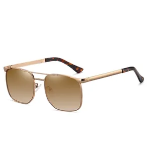 Fashionable square metal sunglasses with double bridge and brown gradient lenses