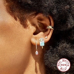 S925 sterling silver ice cream enamel stud earrings and gold ear cuff set on model