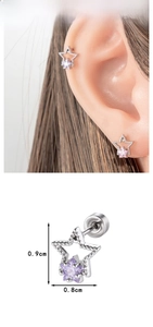 Detail of star-shaped purple zircon cartilage earring with dimensions and model display