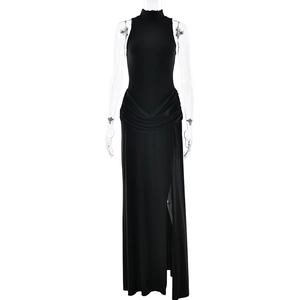 Sleeveless black high-neck maxi dress with waist ruching and side slit on a mannequin
