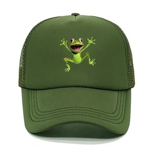 Detail of army green trucker hat featuring a breathable mesh back and cartoon frog print