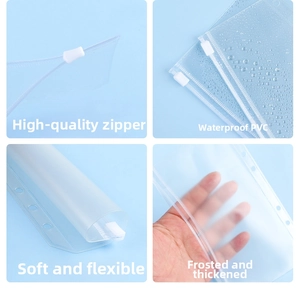 Macro details of frosted PVC zipper bags showing waterproof texture and 6-hole binder rings