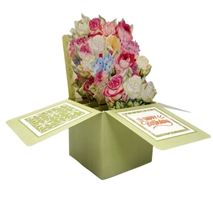 3D pop-up flower bouquet card in light green box with colorful paper roses and hydrangeas
