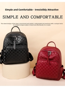 Detail showing the textured checkerboard pattern and leather zipper pulls on the backpack