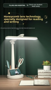 Detail view of white LED desk lamp featuring a built-in pen holder and mobile phone stand