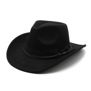 Detailed view of the black felt cowboy hat featuring a braided band and metal buckle