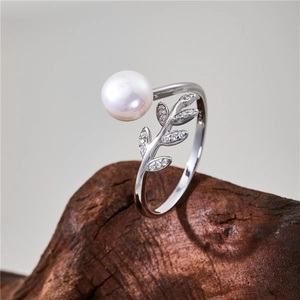 Elegant S925 silver leaf open ring with white freshwater pearl and sparkling zircons