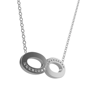 Macro shot of silver infinity pendant necklace with small sparkling zirconia stones