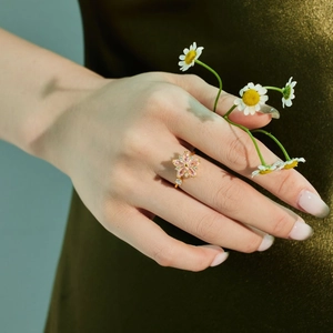 Detail of S925 sterling silver spinning peach blossom ring with pink crystals on gold band