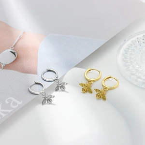 Elegant S925 sterling silver hoop earrings with realistic honey bee charms in gold and silver