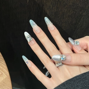 Luxury cream white gradient press-on nails with sparkling K9 diamonds and silver glitter