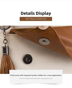 Close-up of litchi grain faux leather backpack with magnetic closure and tassel