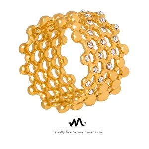 Honeycomb Hollow Grid Ring Titanium Steel 18K Gold Plated Czech Diamond French Retro Light Luxury Jewelry For Women