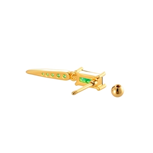 Gold geometric cartilage earring with green zircon and a secure screw ball back clasp